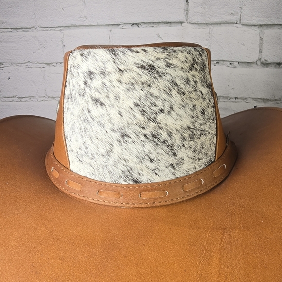 Tan Leather Cowboy Hat With Real Cowhide Hair Inset Euc - Picture 6 of 9